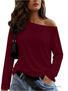 Womens Off Shoulder Long Sleeve Top Asymmetric Neckline Casual Fall Shirt